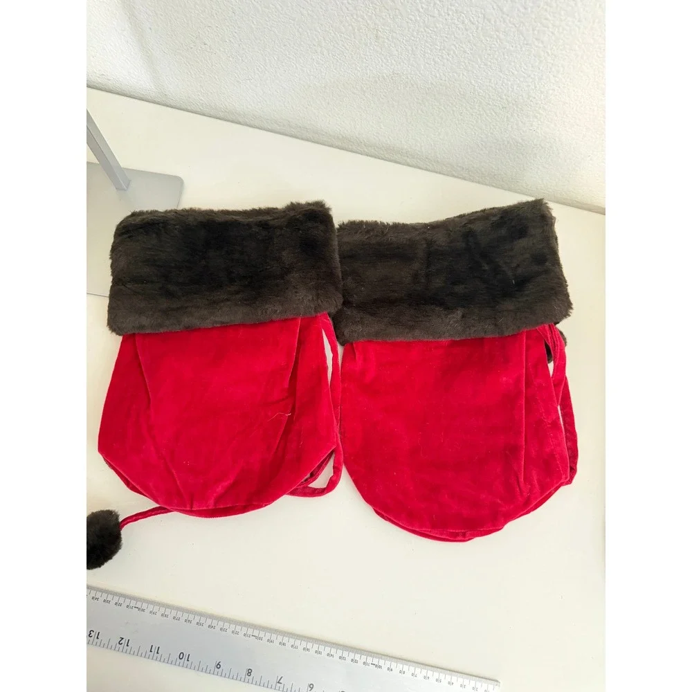 Pottery Barn Red Velvet Faux Fur Wine Gift Bags Set of 2 Holiday Pom Poms NWT